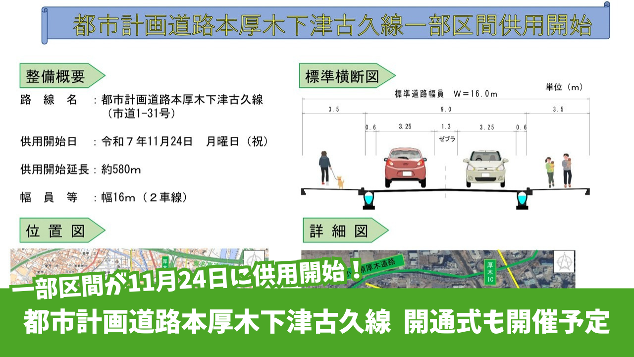 都市計画道路本厚木下津古久線　開通　厚木　酒井